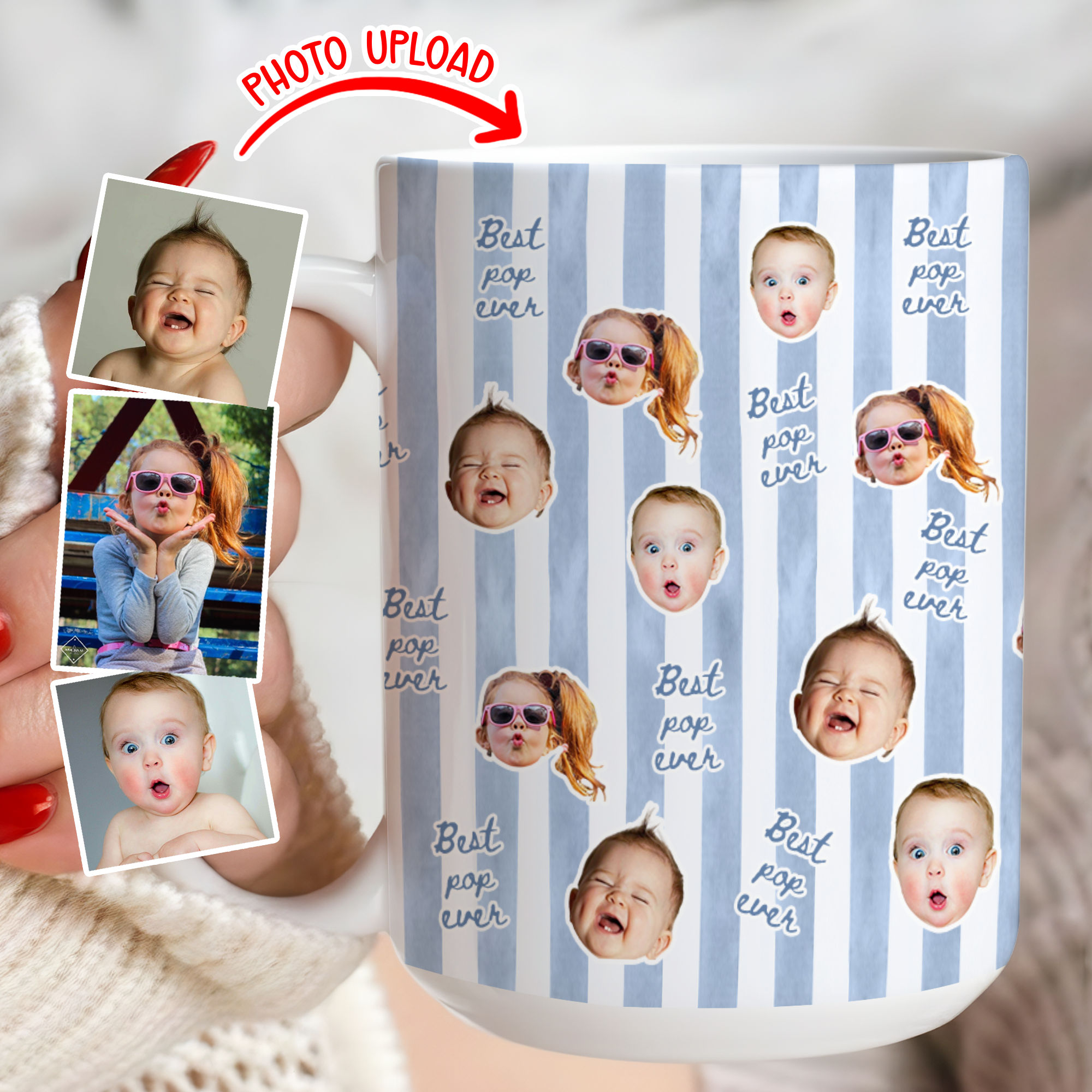 Cabana Stripe Mug - Best Pop Ever Photo Upload - Up to 12 Photo, Gift for Dad, Grandpa, Mom, Aunt..., Special Gift for Father's Day, Birthday, Mother's Day, Trendy 2026 - Personalized Photo Printfull Mug