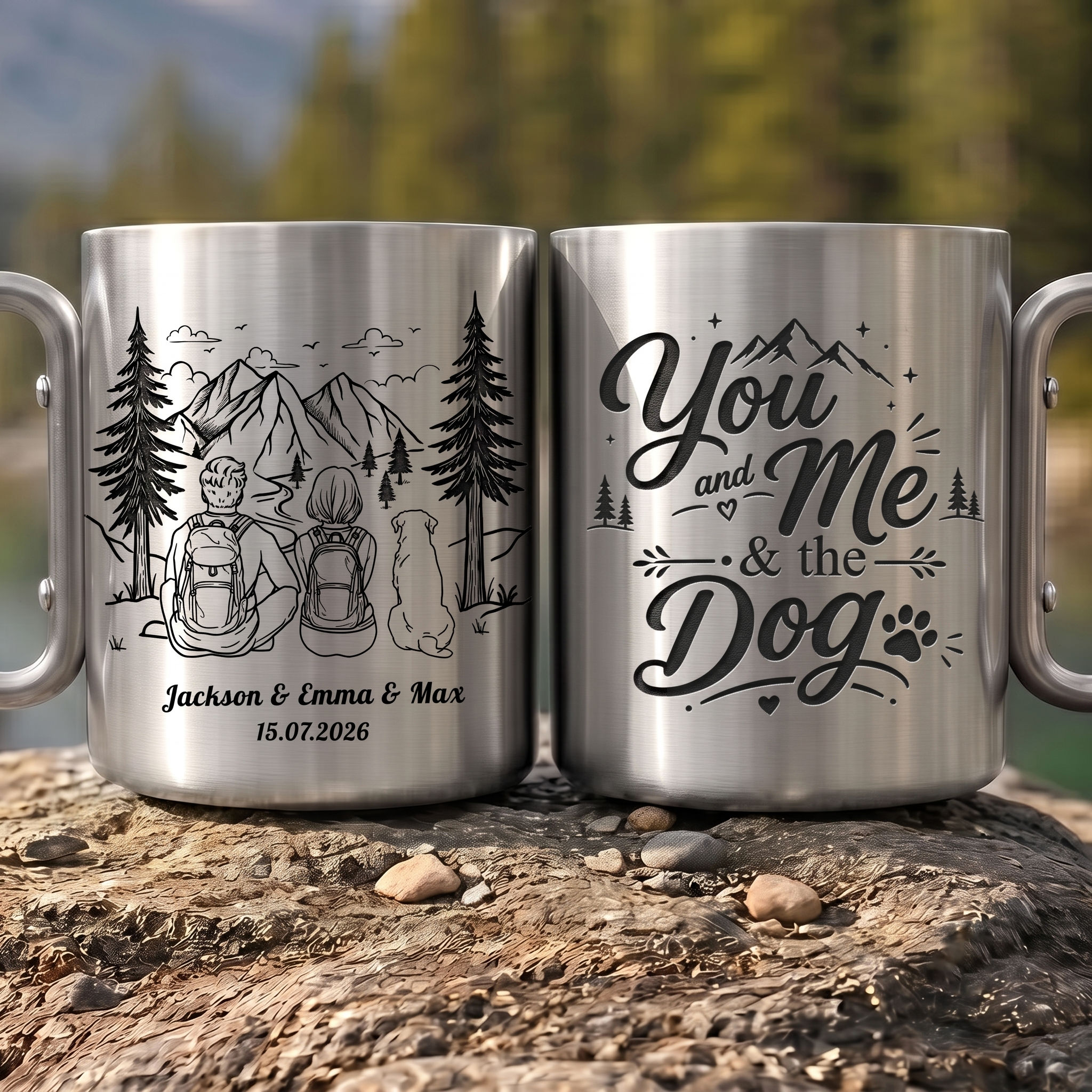 Carabiner Camping Mug - You & Me and The Dog - Personalized camping mug for adventure and nature lovers - Love Dog - Gift for Couple, Family,... - Personalized Carabiner Camping Mug