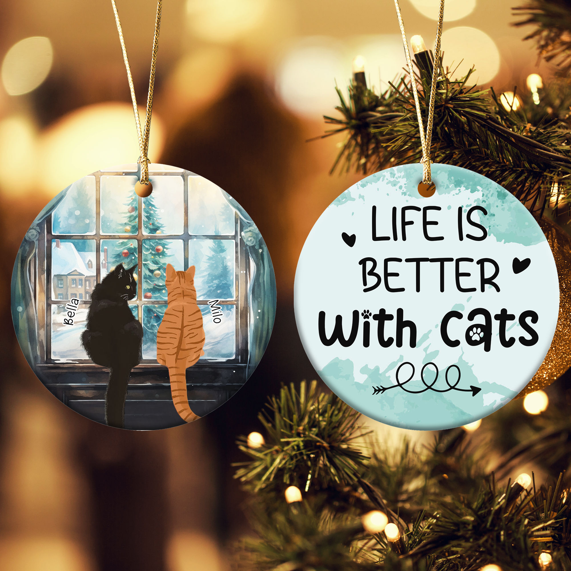 Circle Ornament - Life is better with cats (36330) - Personalized Ceramic ornament