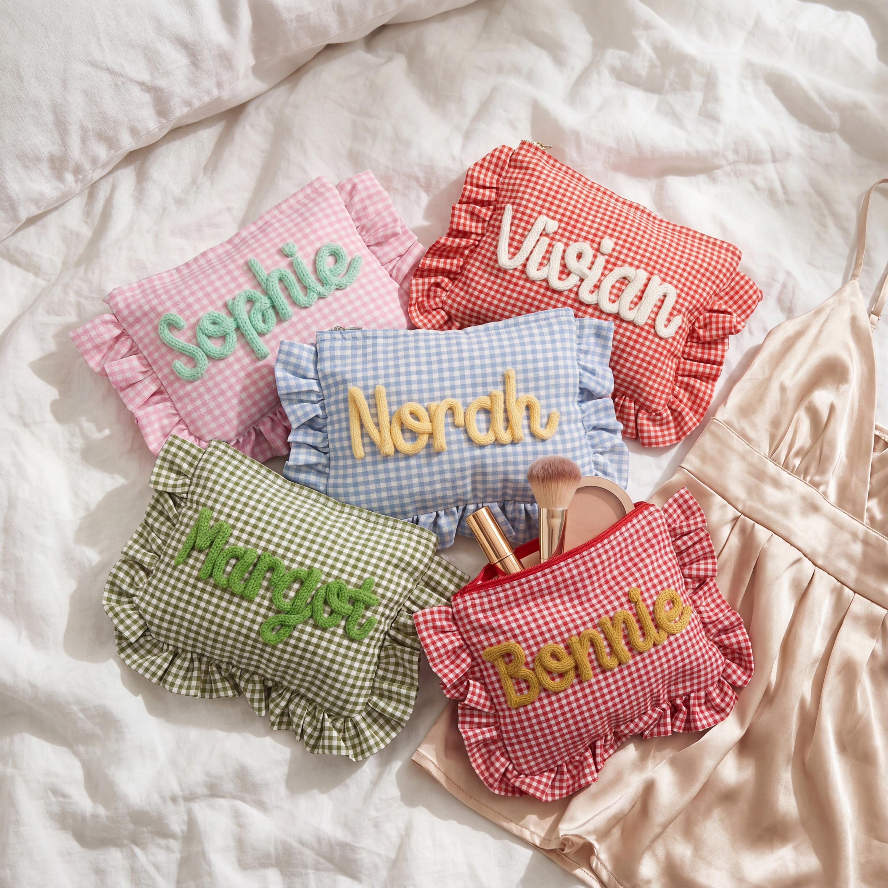 Cosmetic Bags - Personalized Bridesmaid Makeup Bag, Gingham Ruffle Pouch, Chenille Name, Bridal Party Favor, Wedding Getting Ready Gift - Personalized Trendy 2026