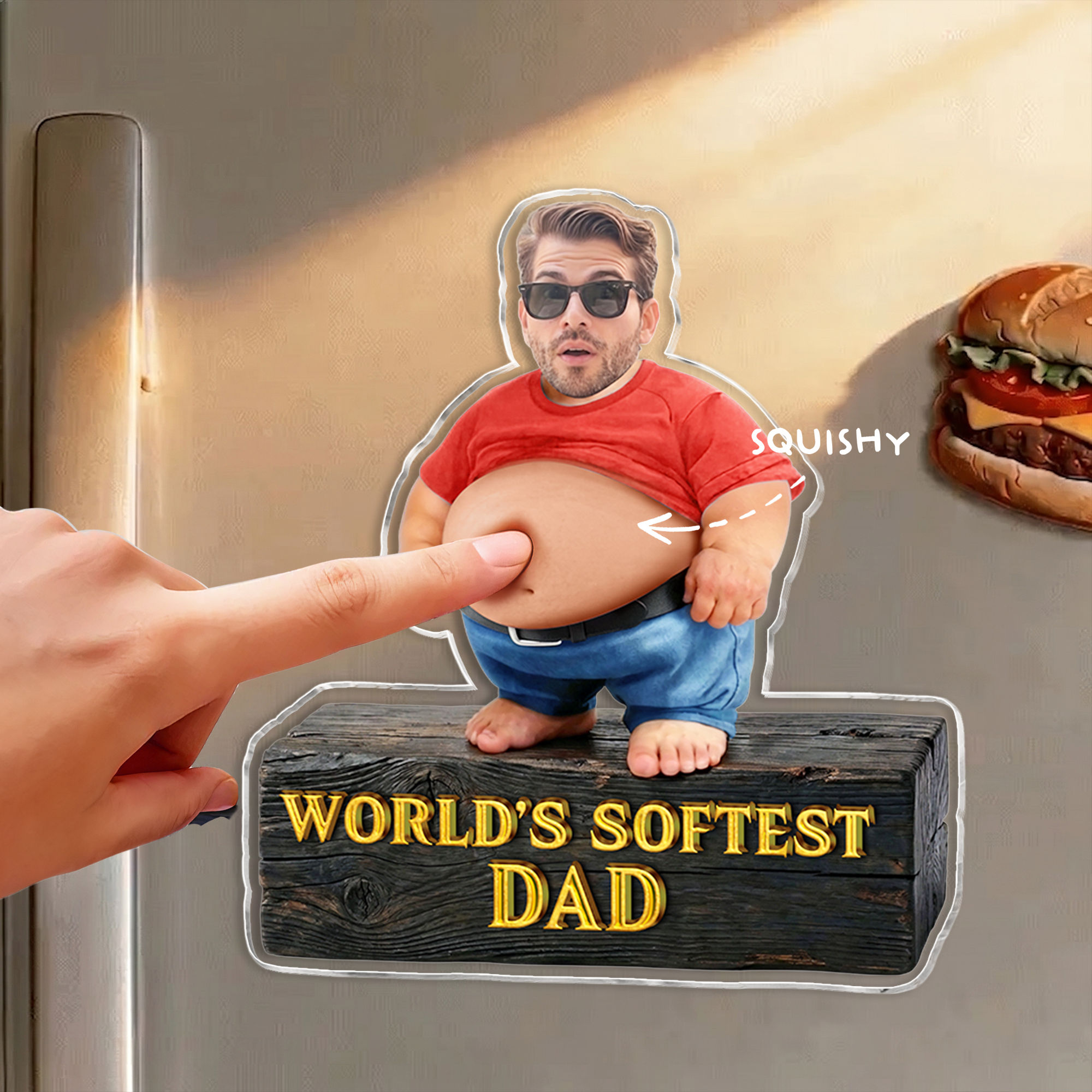 Custom Face Squishy Belly - World's Softest Dad - Acrylic Fridge Magnet with Squishy Belly - Funny Gift for Dad, Husband, Grandpa, Boyfriend... - Personalized Photo Squishy Magnet