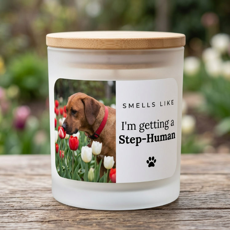 Custom Pet Photo - Smells Like I'm Getting A Step-Human | Funny Dog Mom Blended Family Care Package | Unique Bridal Shower Gift for Best Friend - Personalized Photo Wooden lid candle box