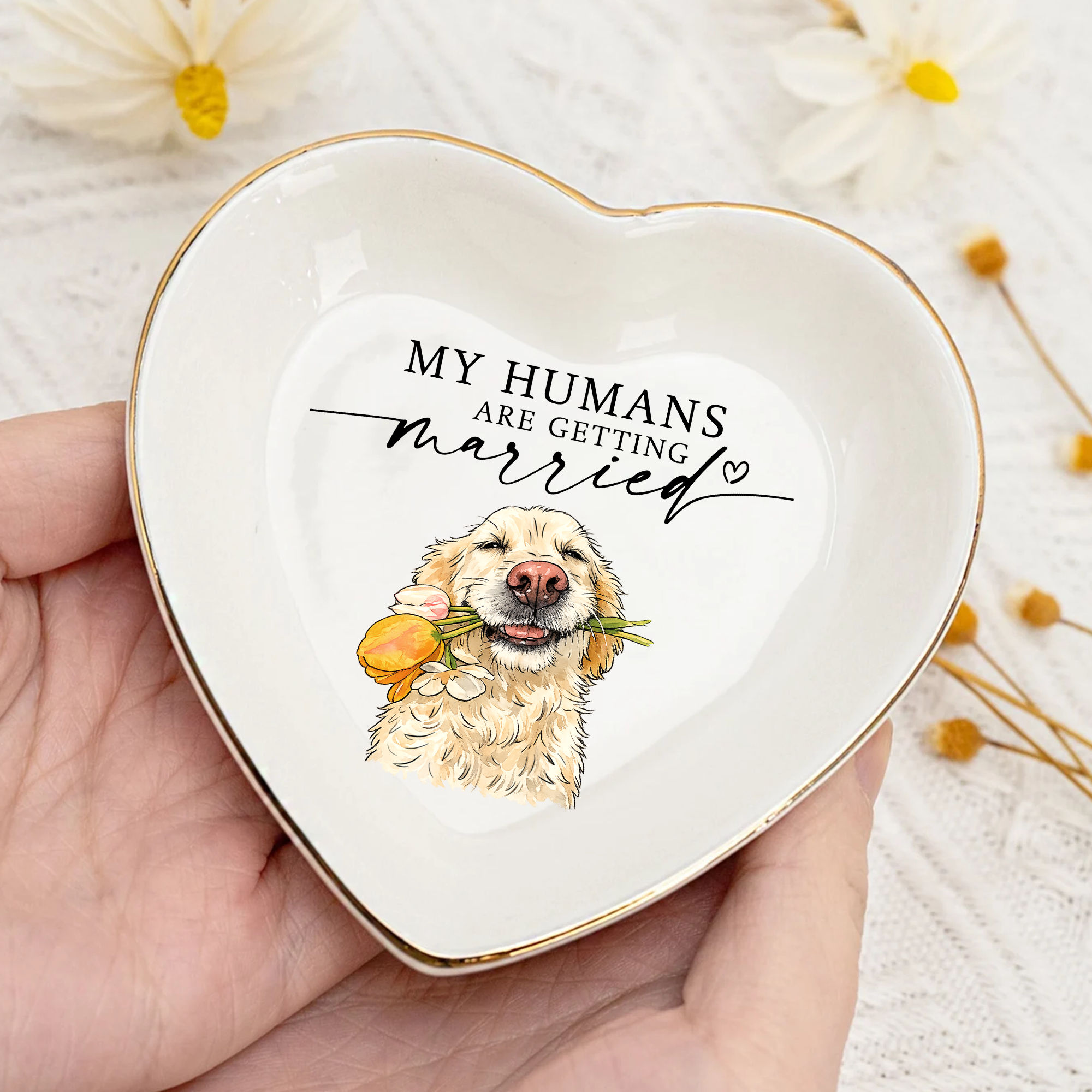 Custom "My Humans Are Getting Married" Ceramic Jewelry Tray - Pet Portrait Watercolor - Engagement, Wedding Gift for Fiancee, Bride, Newlyweds, Couple, Dog Lover - Personalized Photo Ceramic Ring Dish