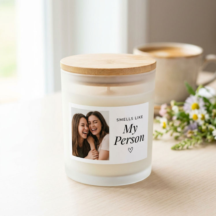 Custom Photo Friendship - Smells Like My Person - Personalized Best Friend Birthday Care Package | Unique Soul Sister Long Distance Gift for Her - Personalized Photo Wooden lid candle box