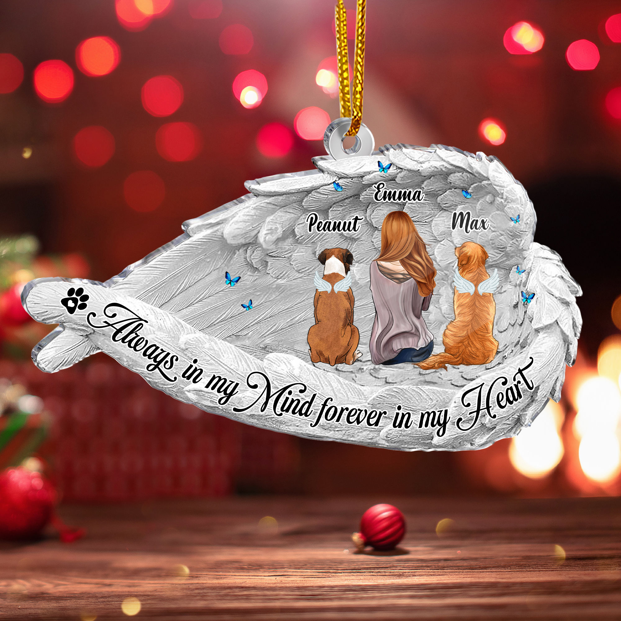 Xmas Ornament - Dog Lover Gifts - Always in my Mind forever in my Heart - Dogs Memorial Ornament with Angel Wings - Personalized Transparent Ornament