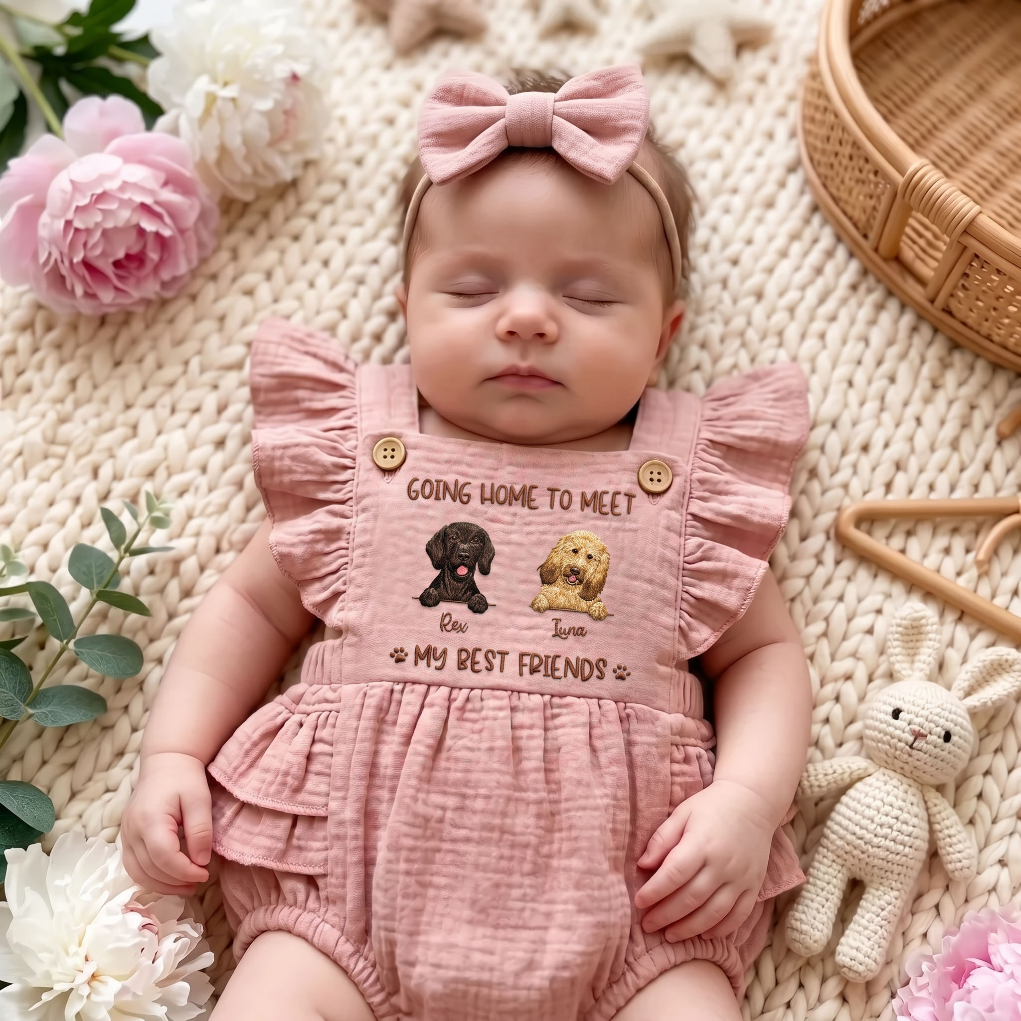 Embroidered Name Baby Outfit - Going Home to Meet My New Best Friends - Personalized Newborn Romper and Headband, Soft Muslin Cotton Bubble Romper Girl, Coming Home Outfit, Baby Shower Gift - Personalized Photo Muslin Romper