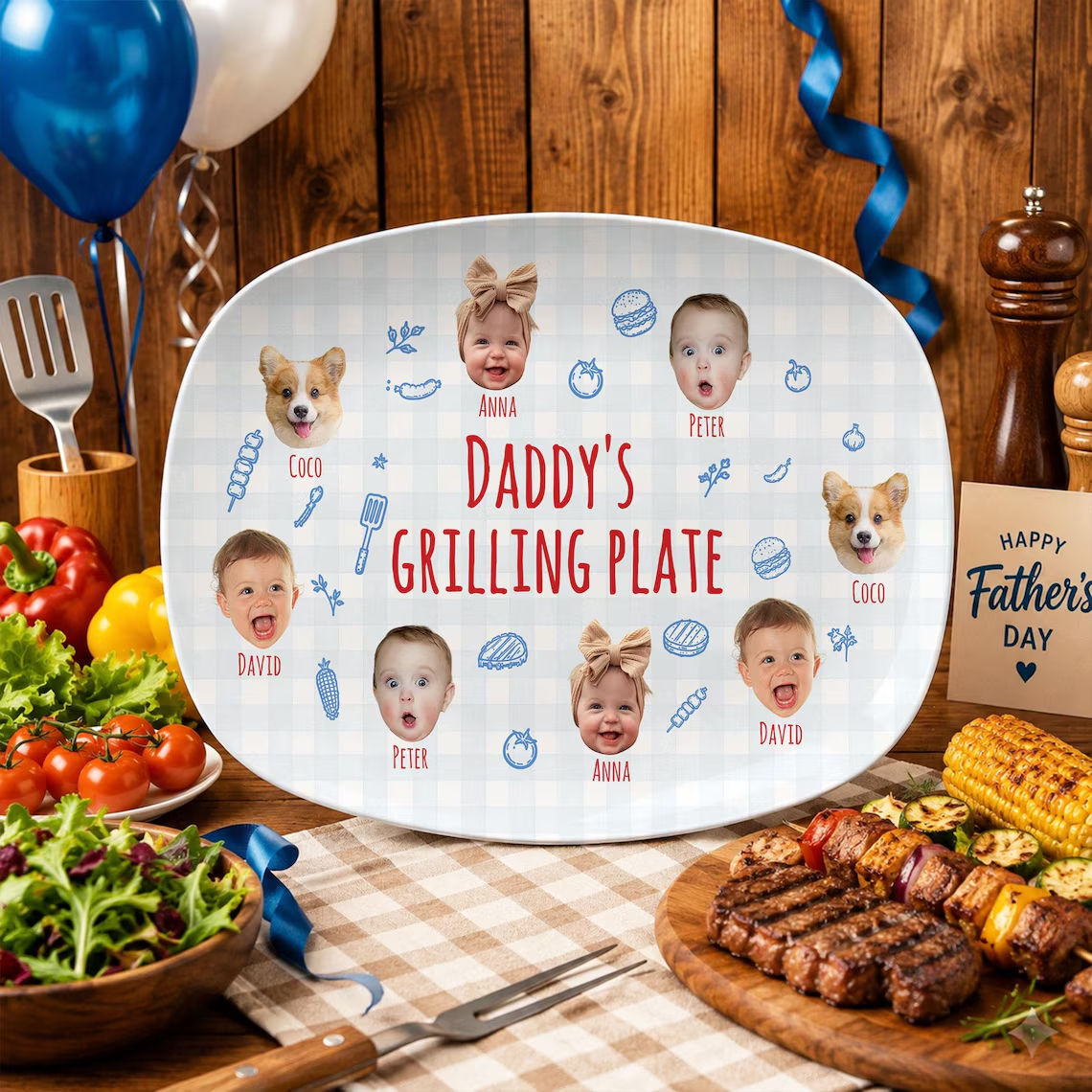 Fathers Day Gift - Personalized Pet & Kids Photo Dads Grilling Plate, Funny Kids Photo Platter, BBQ Dad Gift For Husband, Grandpa Gift - Personalized Photo Decorative Polymer Plate
