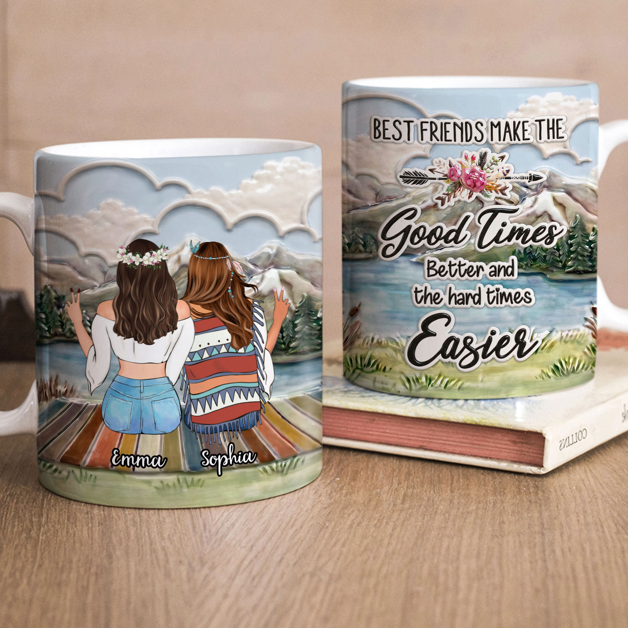 Full Print Personalized Mug - Best Friends Make The Good Times - Boho Hippie Bohemian - Gift for Friend, Sister, for Her - Personalized Mug