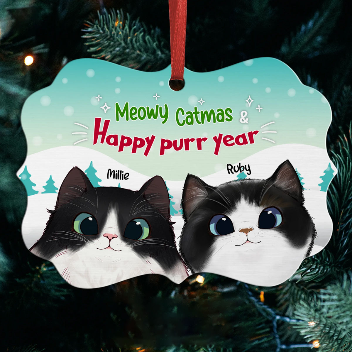 Peeking Cat v2 - Meowy Catmas & Happy Purr Year (Blue) - Personalized Ornament