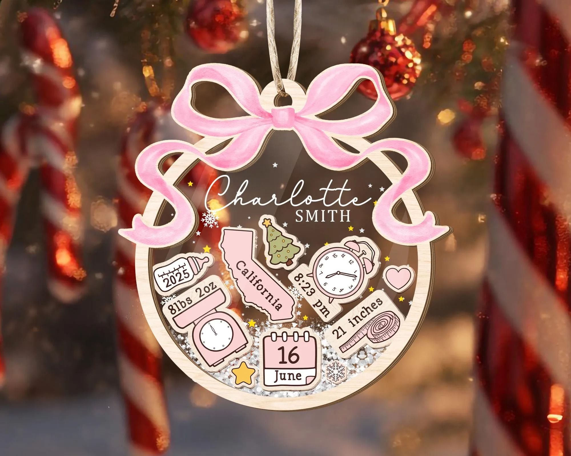 Personalized Baby's First Christmas Ornament - Coquette Baby Newborn Keepsake - 4D Shaker - Personalized Shake Family Ornament