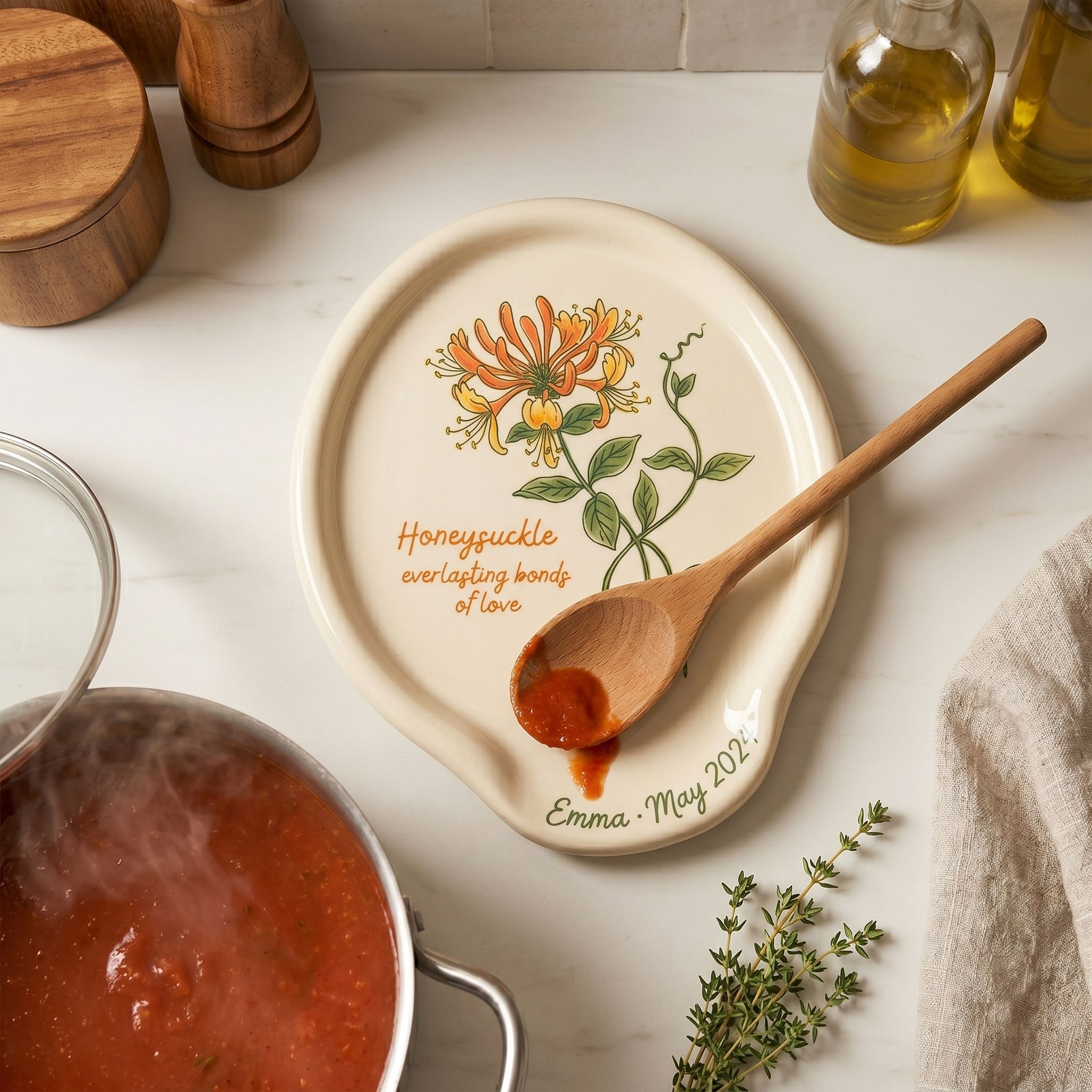 Personalized Birth Flower Spoon Rest - Custom Name Ceramic Spoon Holder, Birth Month Flower Kitchen Gift for Mom, Grandma & Her - Personalized Trends