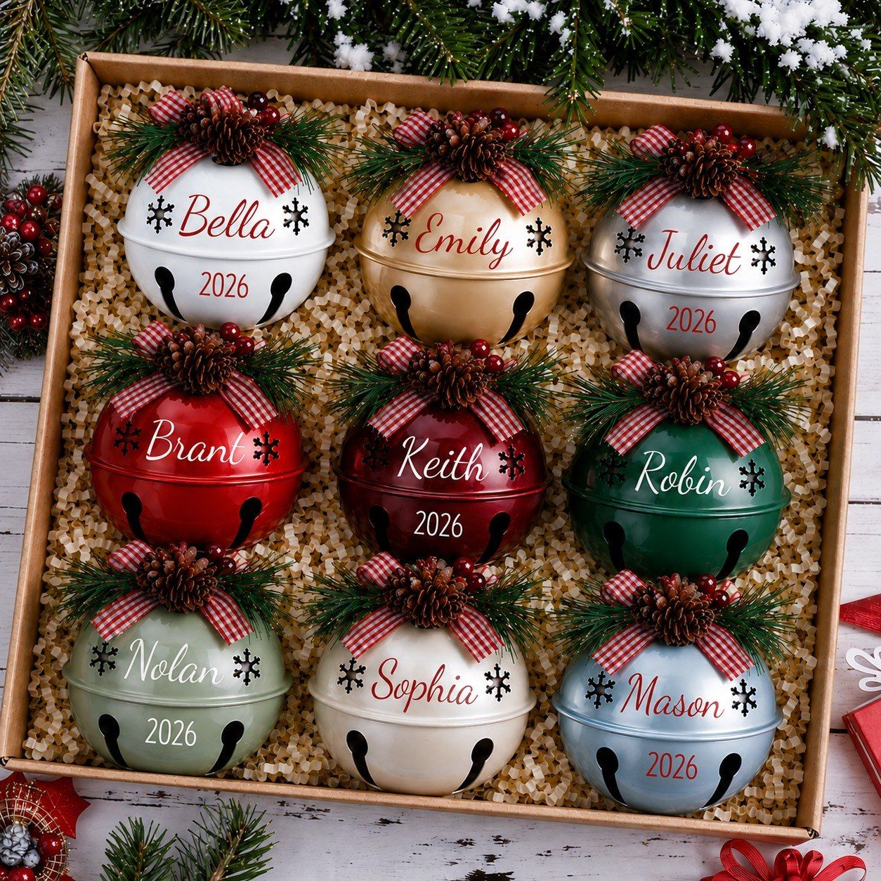 Personalized Set - Personalized Christmas Tree Ornament - Custom Name & Year's Jingle Bell - Custom 2026 Jingle Bell