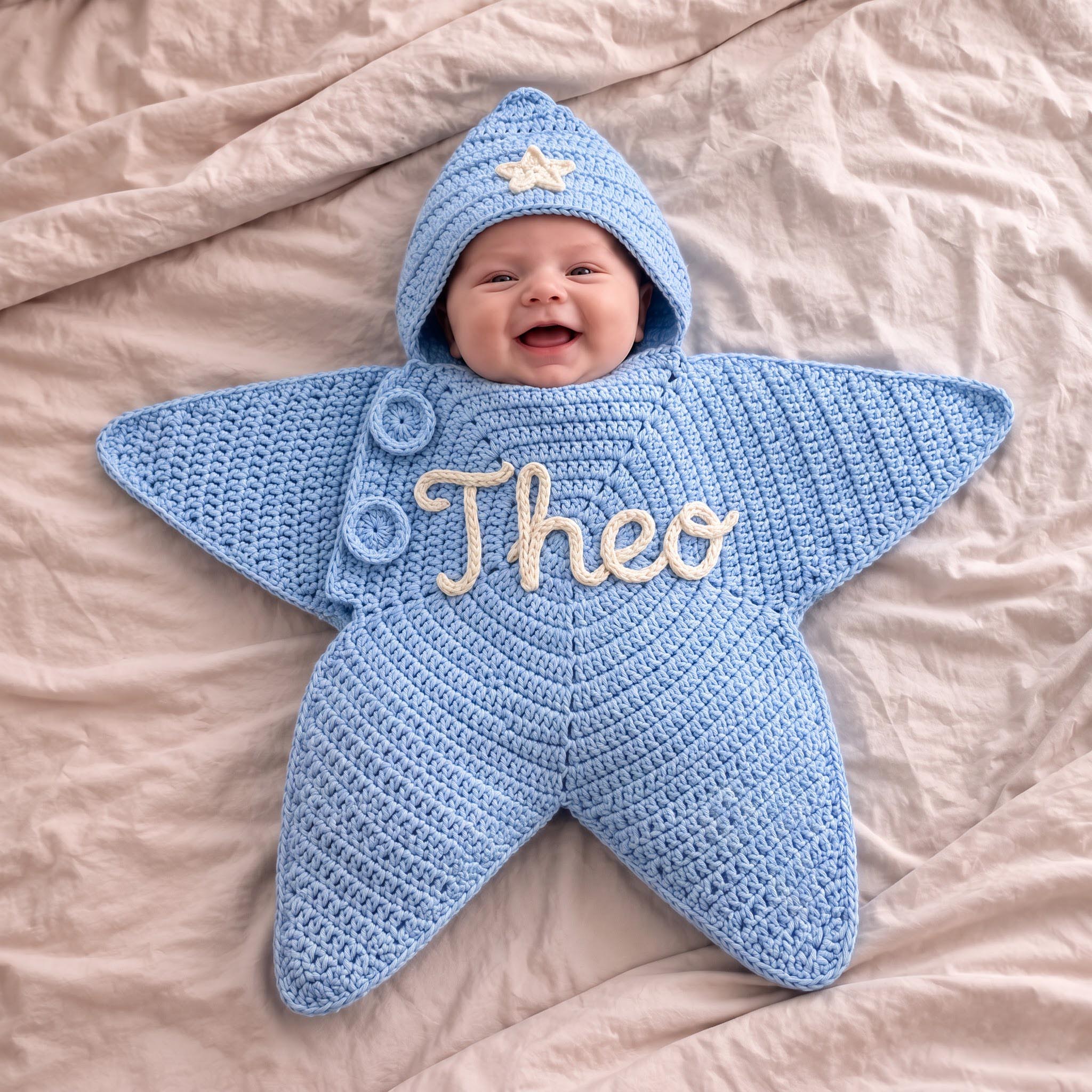 Personalized Crochet Star Baby Suit - Custom Name Newborn Swaddle Wrap with Hood, Baby Shower & Coming Home Gift for Baby Boys & Girls, Cozy, Cute, and Colorful - Personalized Baby Star Suit 2