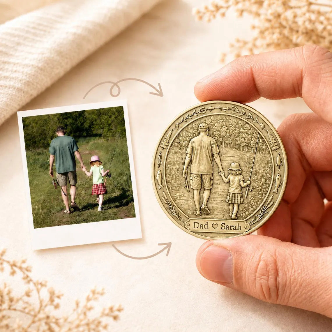 Personalized Dad Coin 2 Side - Reel Cool Dad, Fishing Lover Gift, Fathers Day Gift for Daddy, Grandpa, Father and Children Keepsake - Personalized Photo Coin
