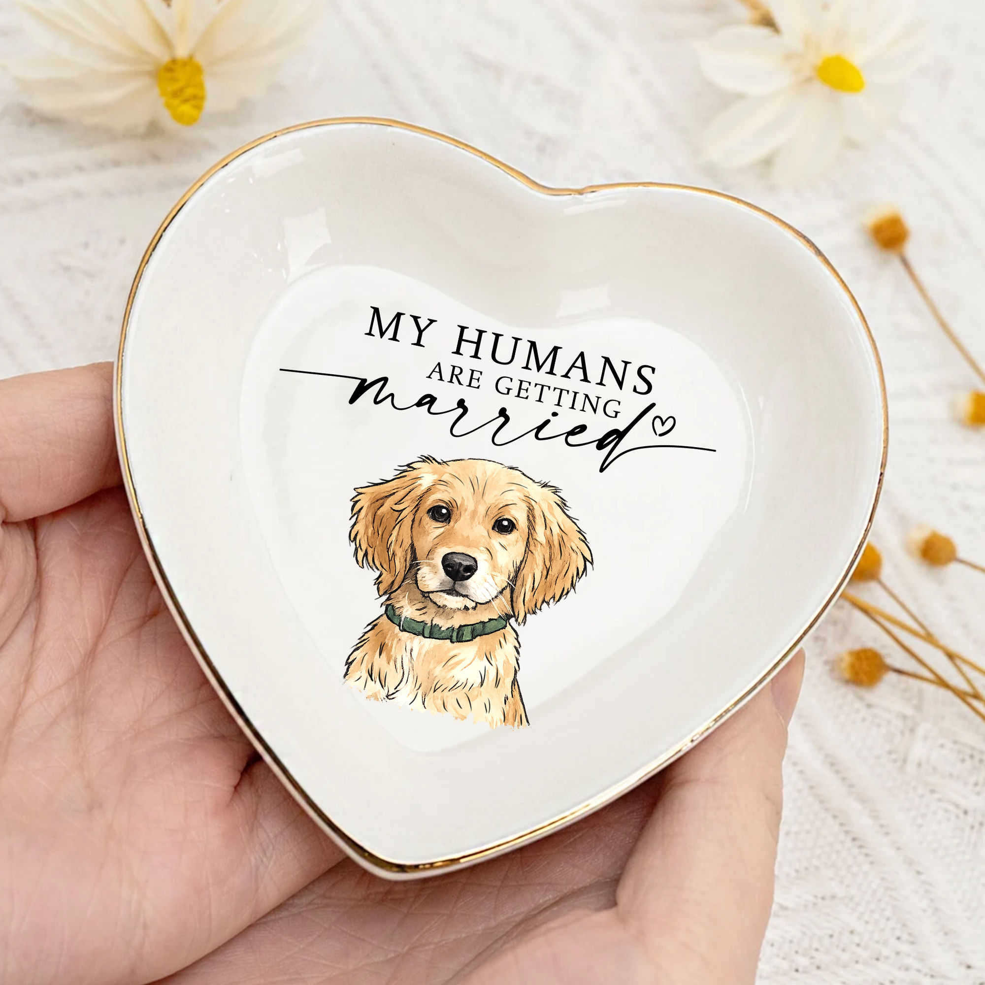Engagement Gift for Couple - Custom Dog Portrait Heart Ring Dish - My Humans Are Getting Married - Wedding gift for Fiancee, Bride, Newlyweds, Couple, Dog Lover - Personalized Photo Ceramic Ring Dish
