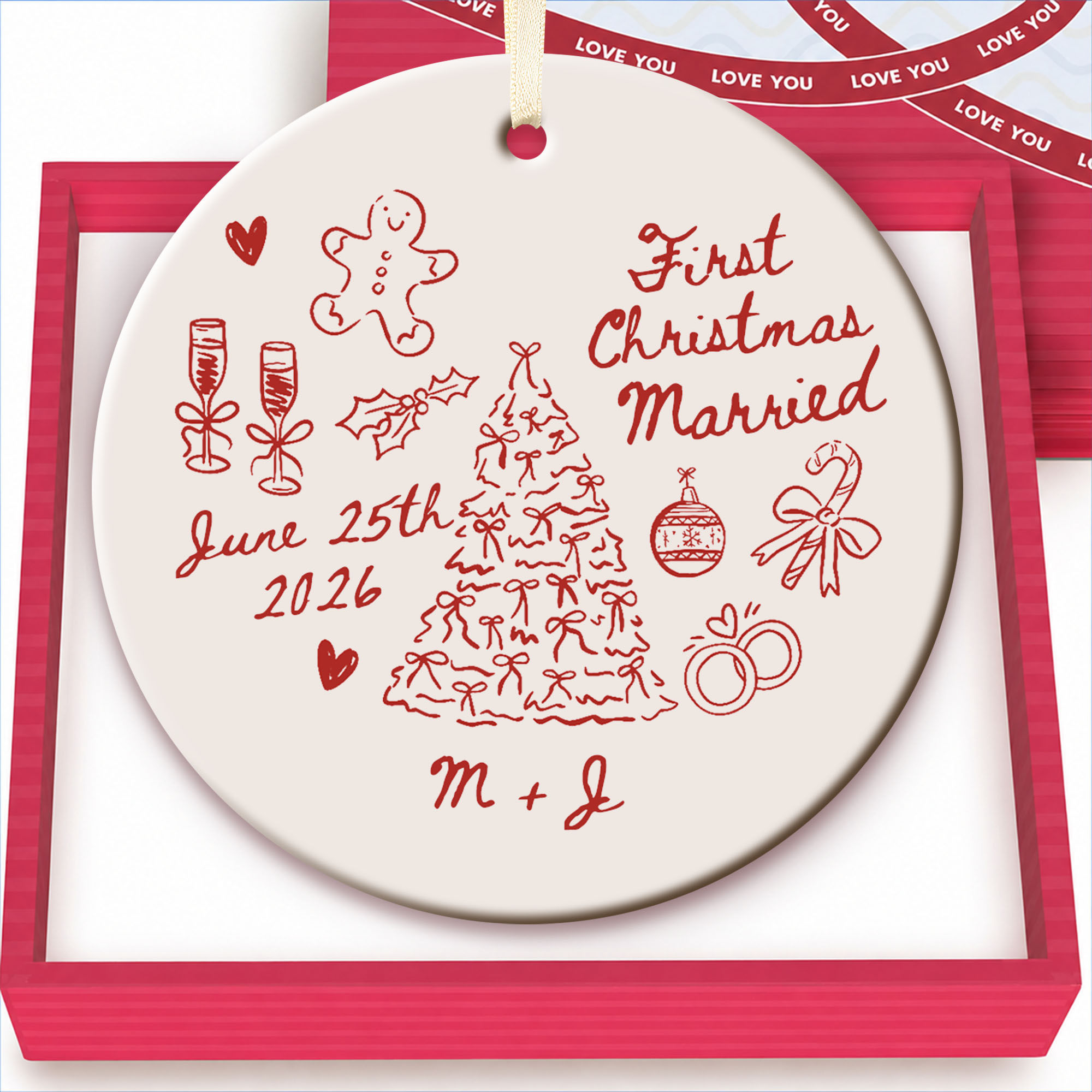 Personalized First Christmas Married Ceramic Ornament | Custom Names & Date (Black)