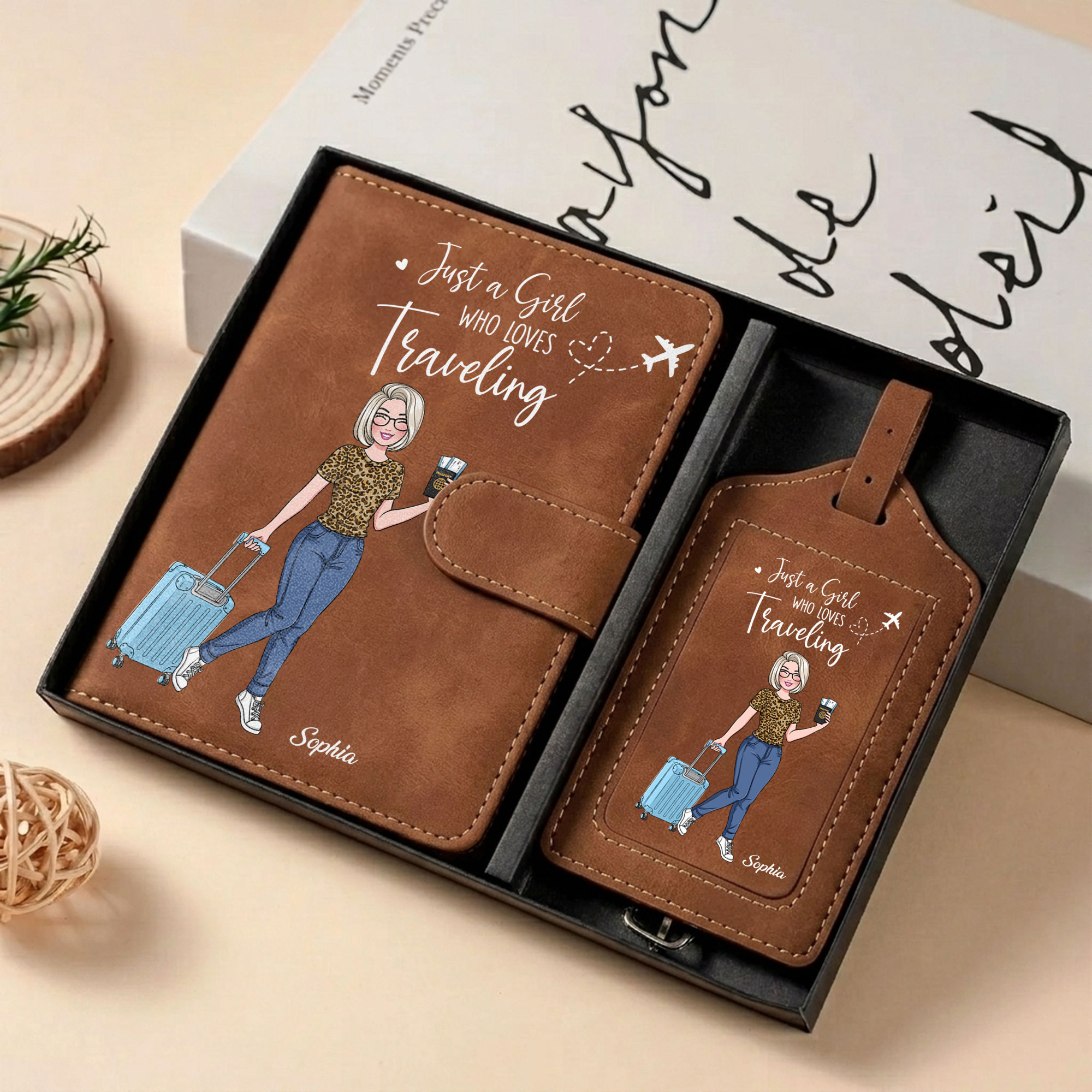 Personalized Passport Holder and Luggage Tag Set - RFID Blocking Passport Holder - A Girl Who Loves Traveling - Holiday Vacation Gift - Travel Accessories - Personalized Passport Holder and Luggage Tag Set