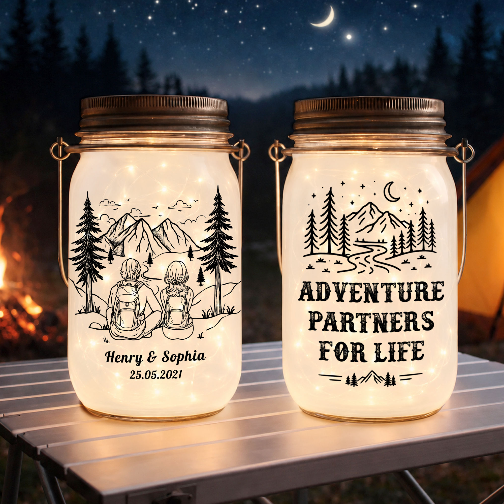 Personalized Solar Mason Jar Light - Adventure Partners For Life - Adventure and Nature Lovers - Gift for Couple, Hiking Couple, Anniversary Gift - Personalized Jar
