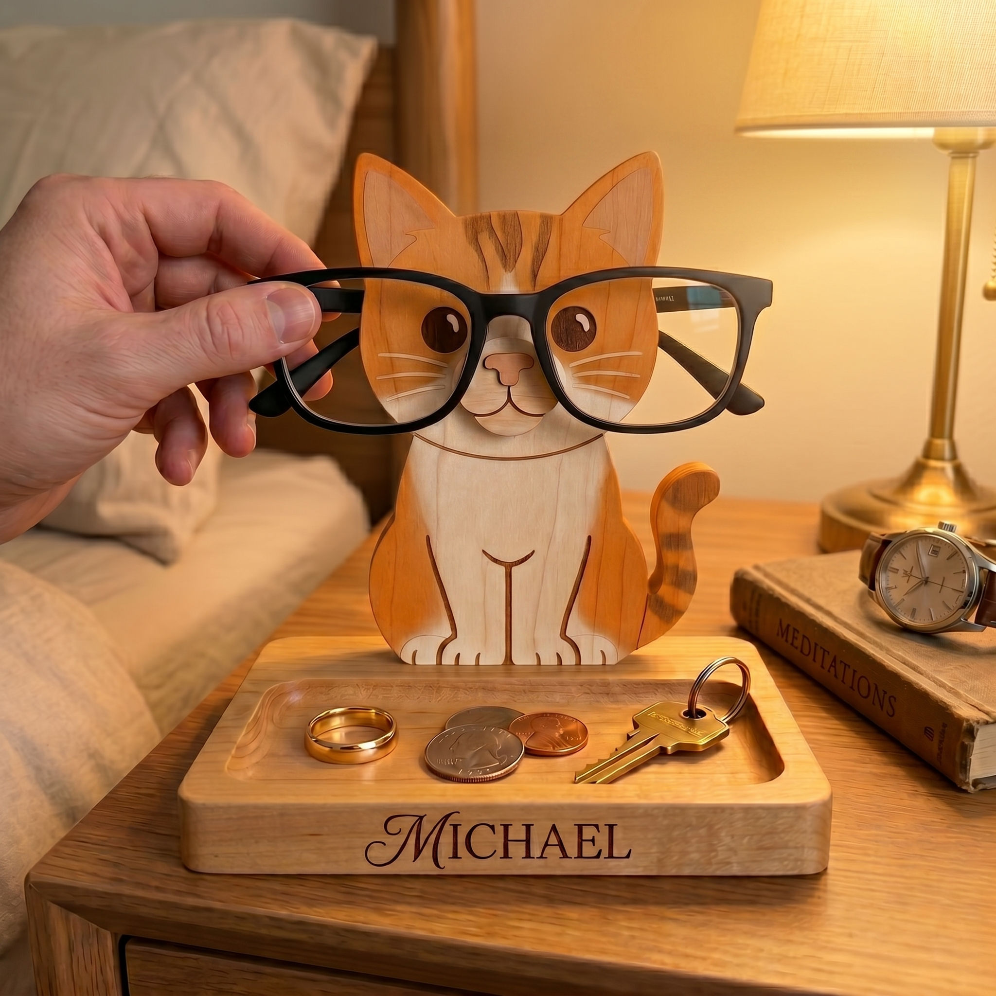 Personalized Wooden Cat Glasses Holder with Valet Tray | Custom Eyeglass Stand