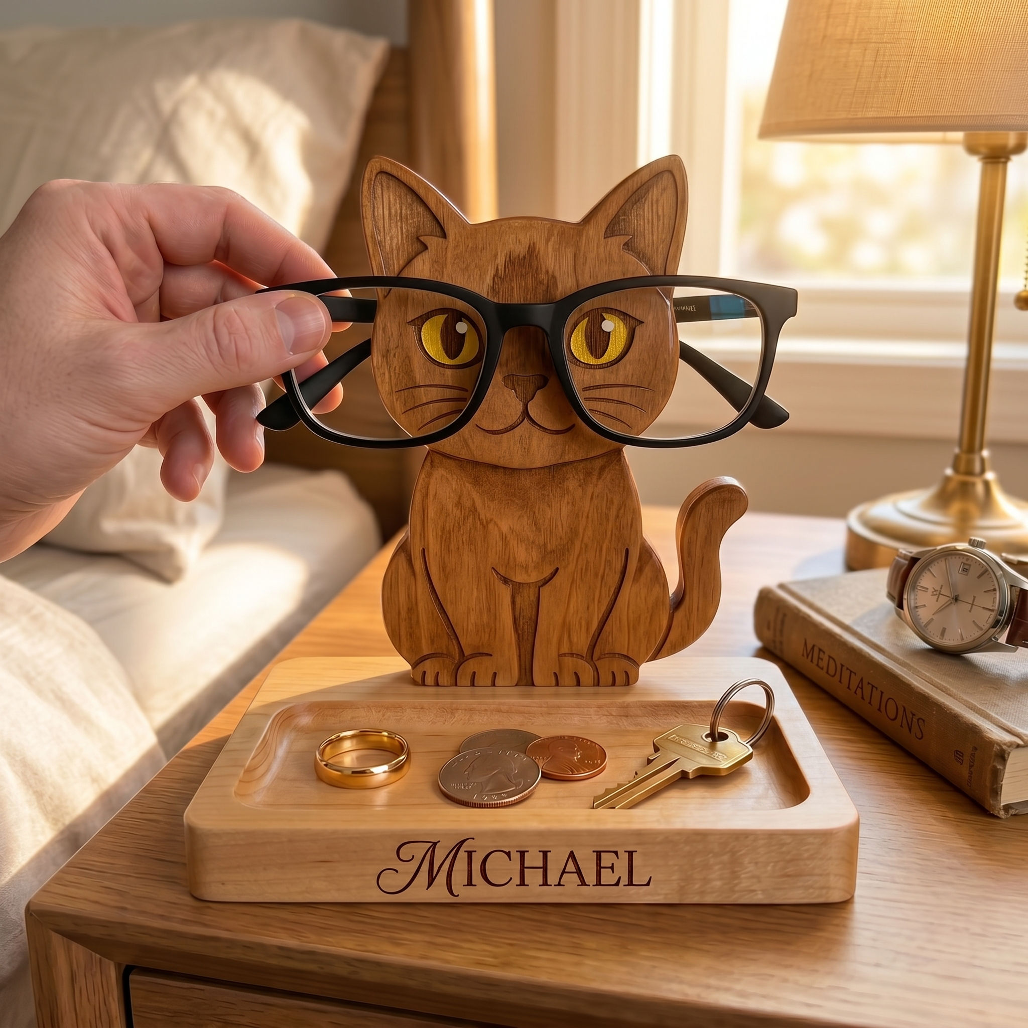 Personalized Wooden Cat Glasses Holder with Valet Tray | Custom Eyeglass Stand