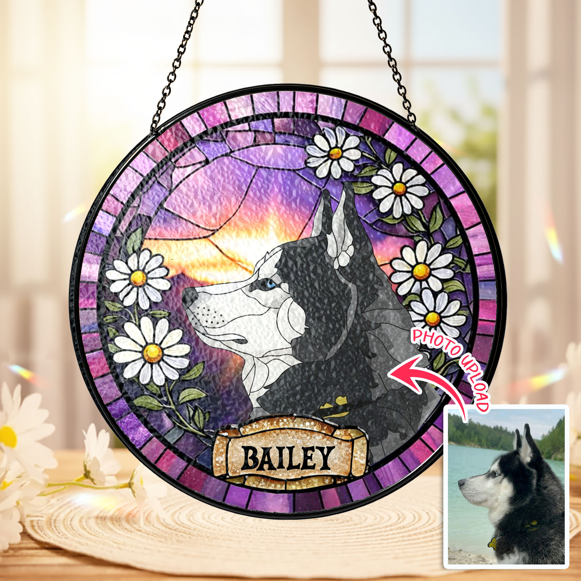Special Gift For Dog Lover - Pet Dog Portrait Stained Glass Suncatcher, Custom Pet Memorial, Dog Loss Keepsake, Pet Loss Gift - Personalized Photo Suncatcher Hanging