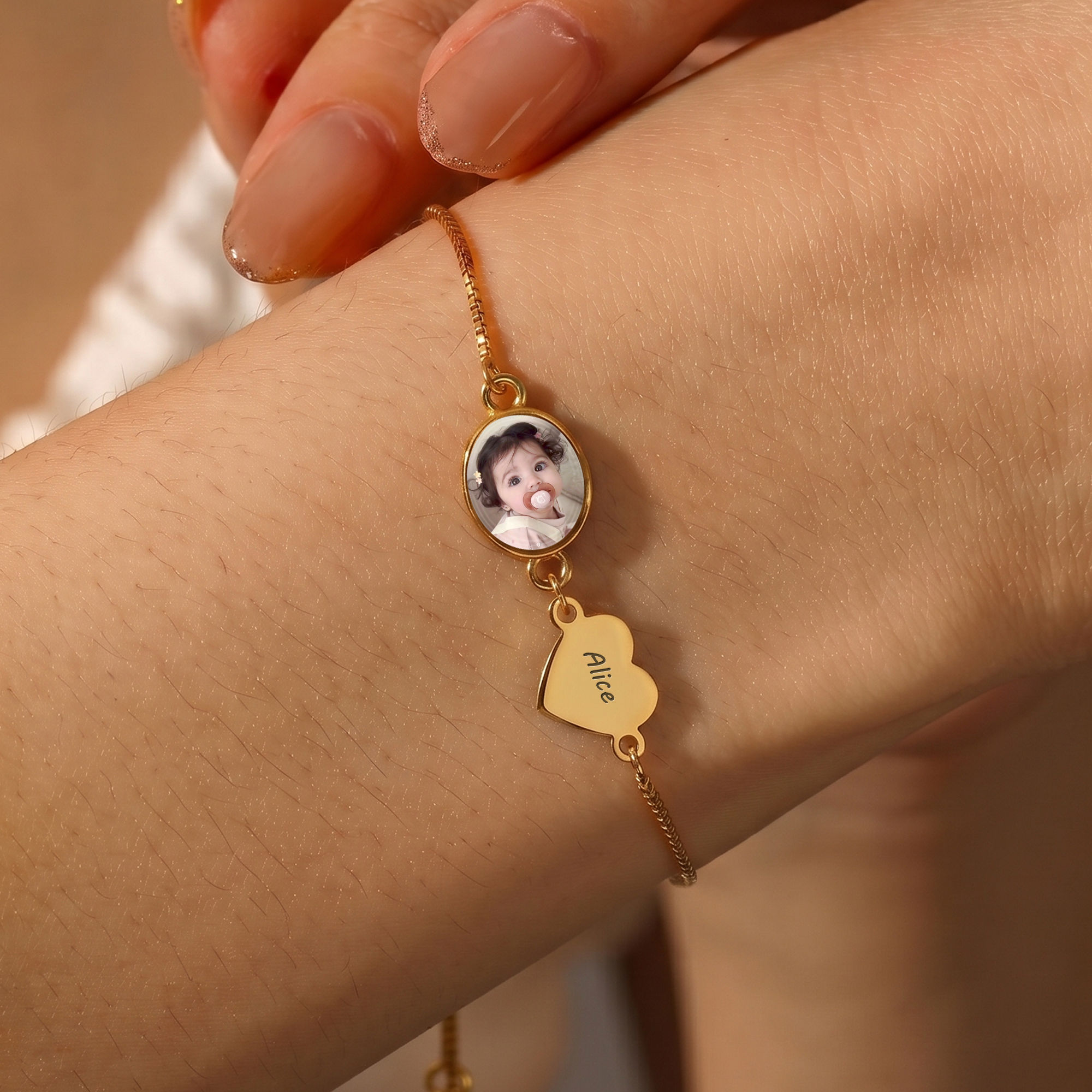 Promotion Gift - Custom Name Engraving & Photo Upload, Gift for New Mom, New Grandma, Shower gift - Personalized Photo Bracelet with Charm