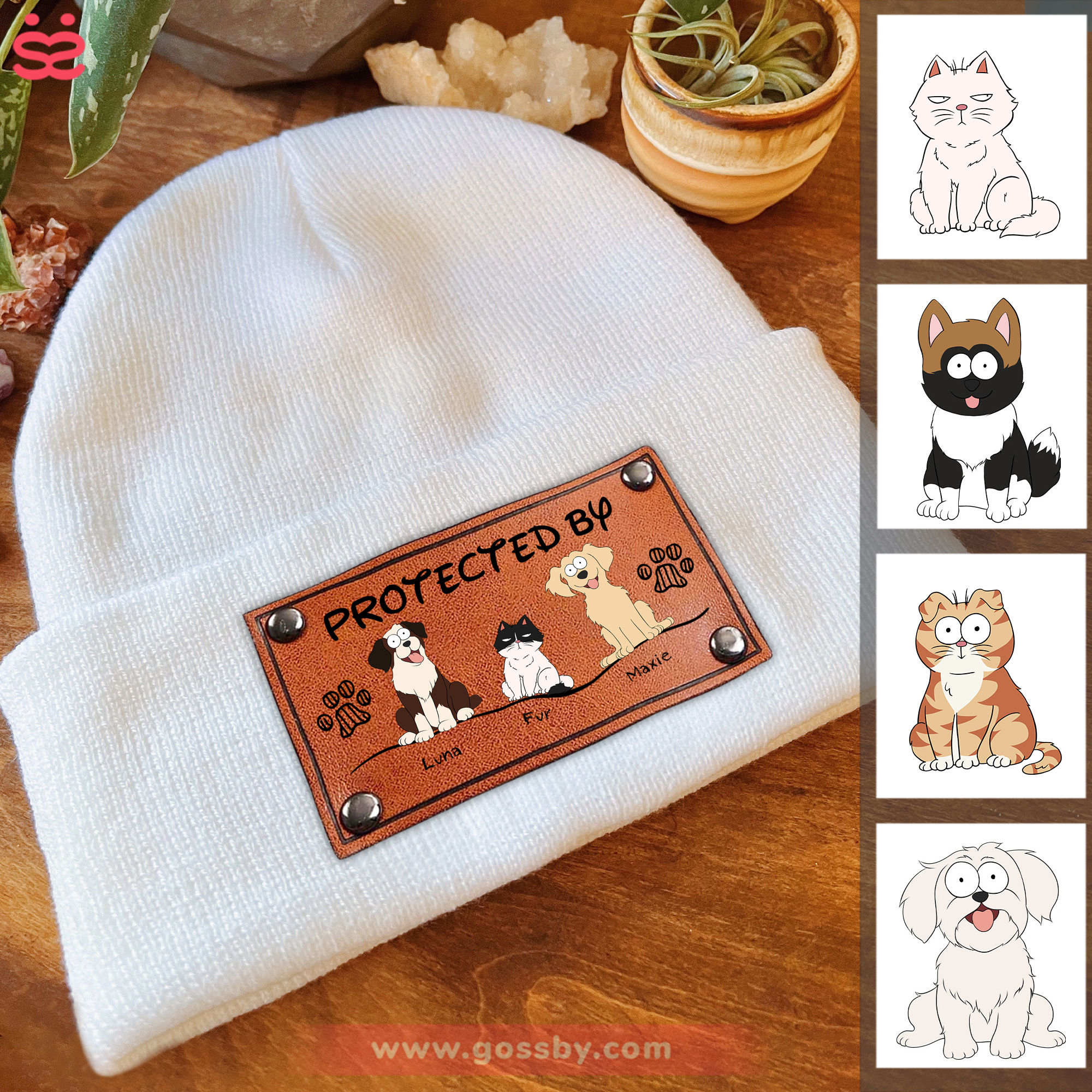 Beanie Custom Leather Patch - Protected By Cats & Dogs (P) Christmas Gift For Baby, Kid, Infant, Toddler, Grandkid, Baby Shower Gifts - Personalized Beanie Hat