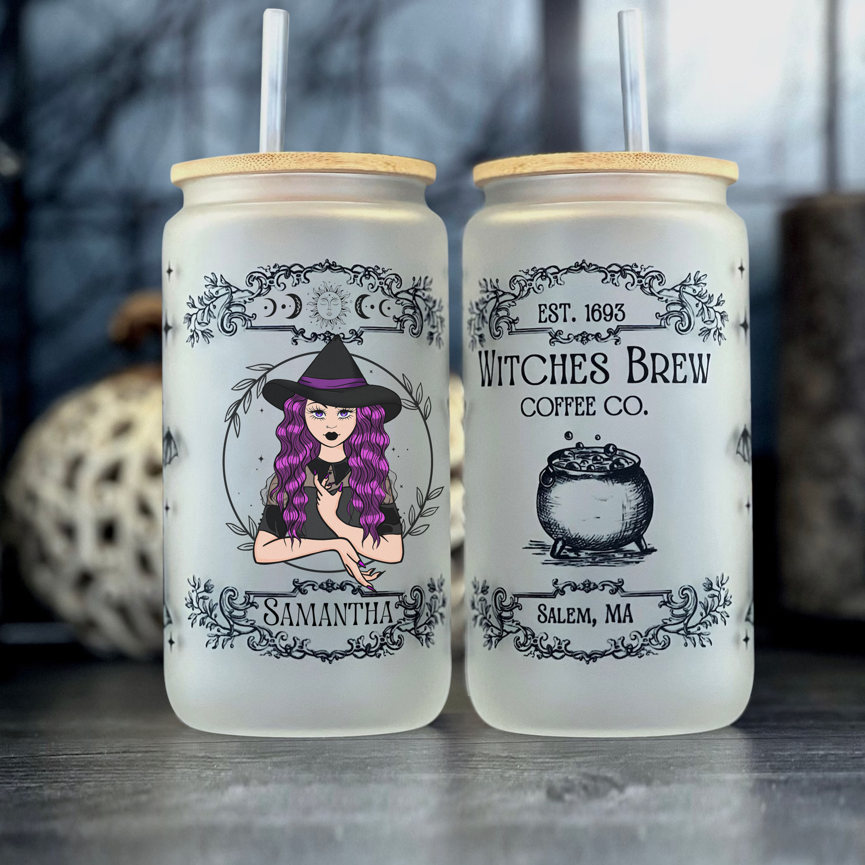 Witch - Witch's Brew Coffee Co Frosted Glass 16 oz Cup Can Tumbler with Bamboo Lid and Straw - Personalized Glass Tumbler